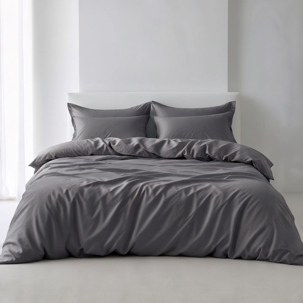 מצעים למיטה זוגית - כותנה סאטן | אפור כהה