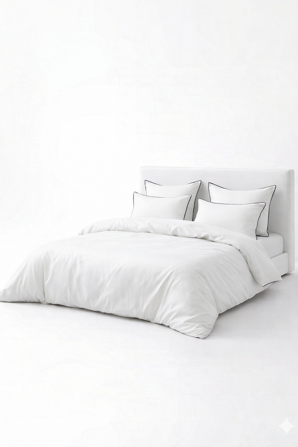 מצעי במבוק סאטן בצבע לבן - פייפ כחול כהה